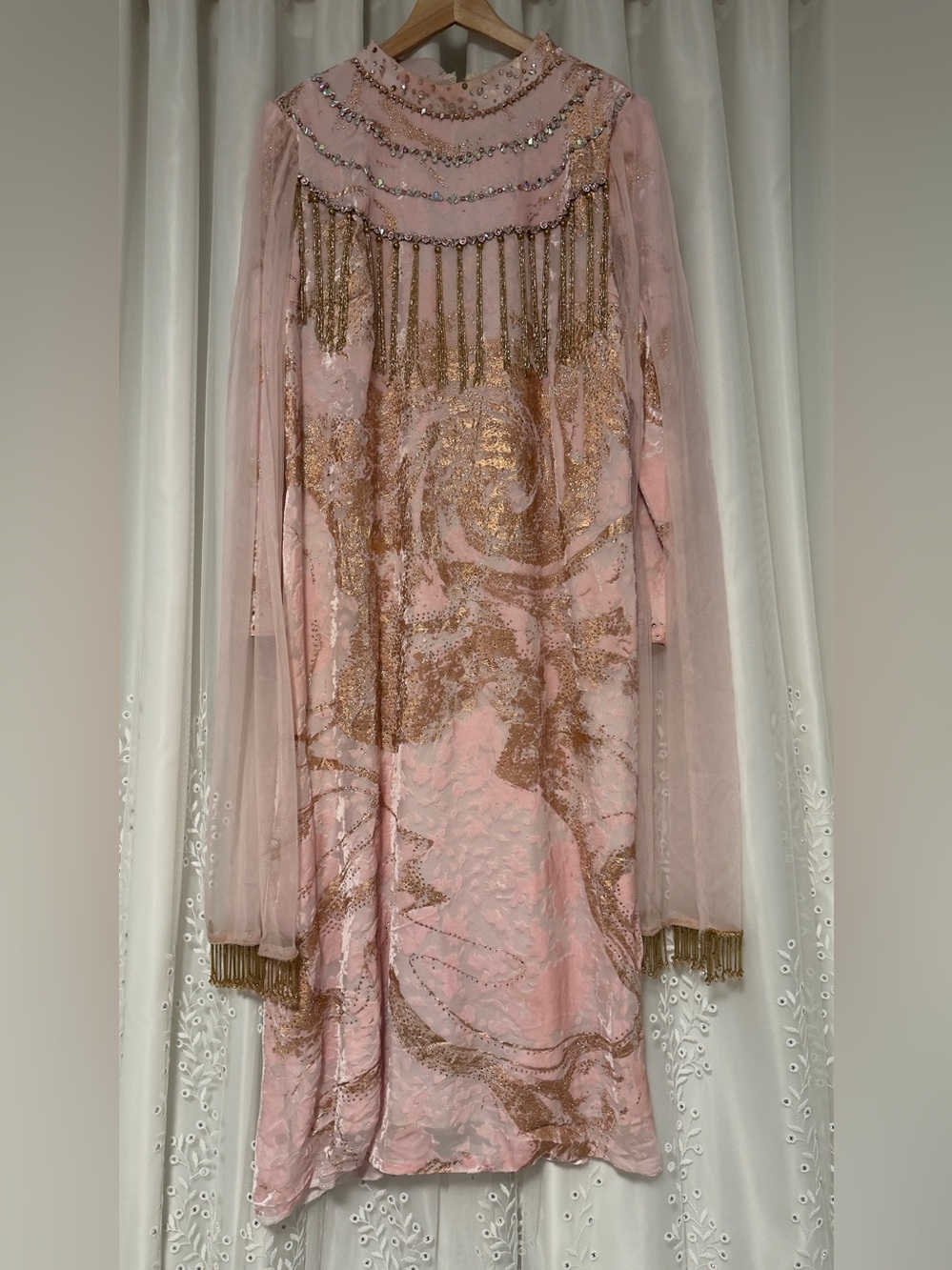 Pink & Gold Embellished Dress with Draped Tulle HEND MADE